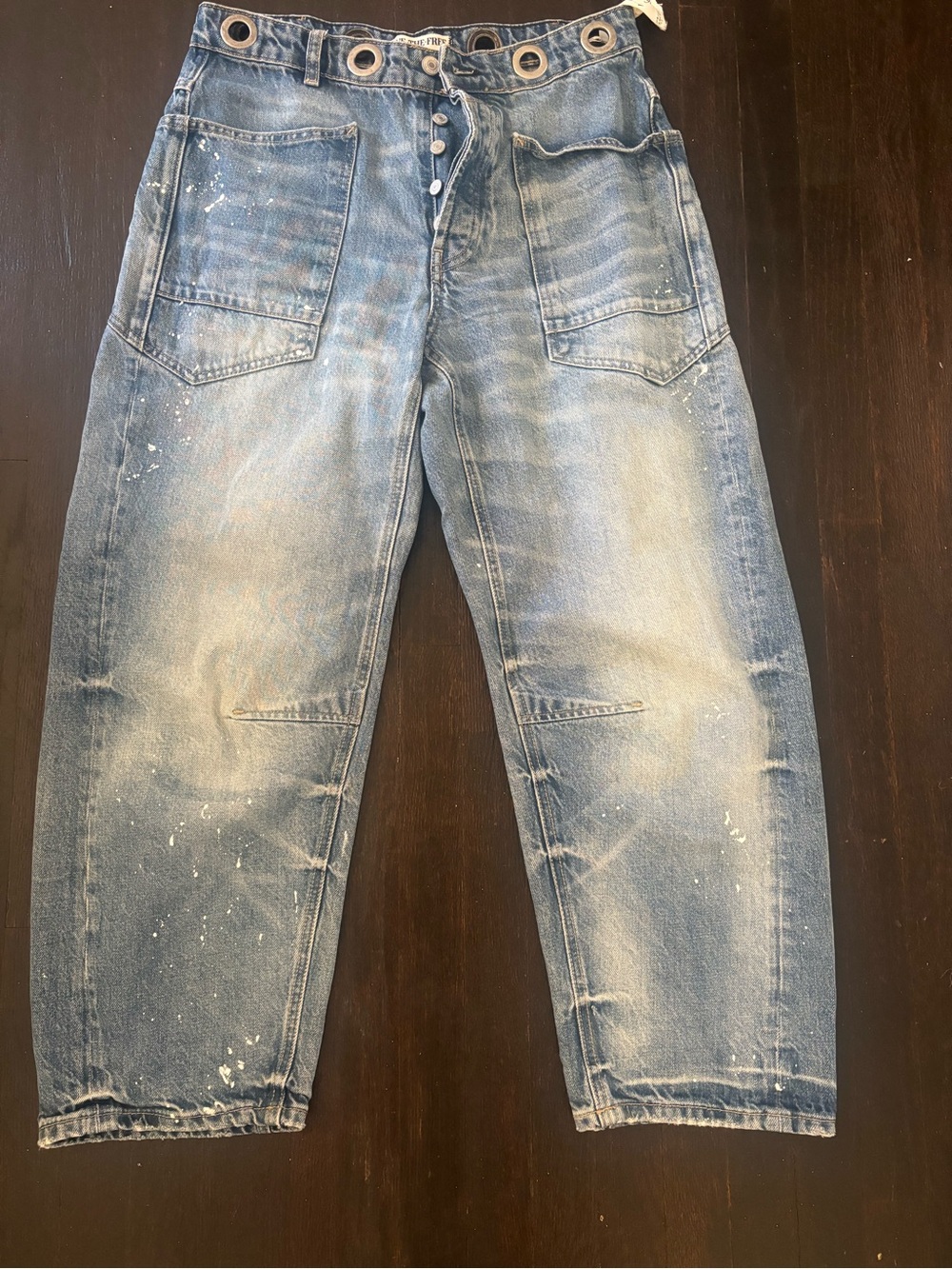 Free People Moxie Barrel cropped Washed Denim Jeans with Paint-Effect Finish